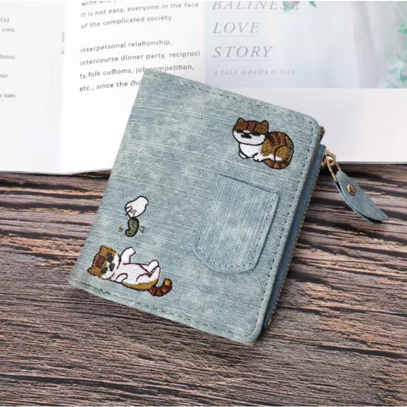 Fashion Cowboy Style Wallet Cat Embroidery Pattern Large Capacity Buckle Phone Pocket Bag Coin Purses for Women Men