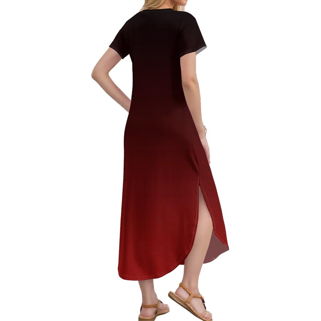 Женское длинное платье-рубашка с V-образным вырезом, повседневное, с коротким рукавом и свободным разрезом