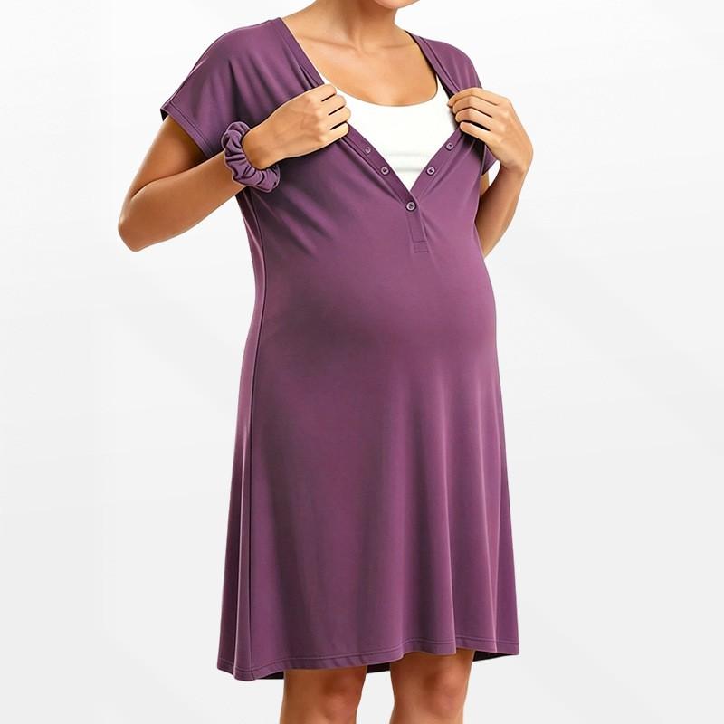 Maternity Nursing Dress V-Neck Loose Short Sleeve Midi Pregnancy Postpartum Breastfeeding Home Wear Modal Blend
