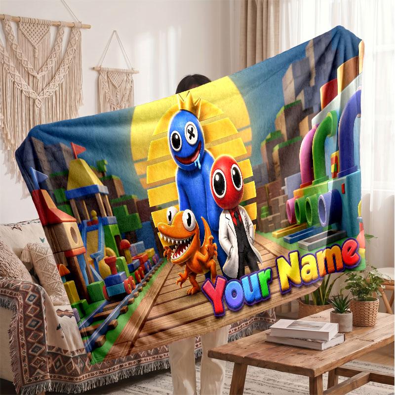Rainbow Friends Personalized Flannel Blanket, Custom Printed Text Name, Warm Soft Blanket For Couch Bed