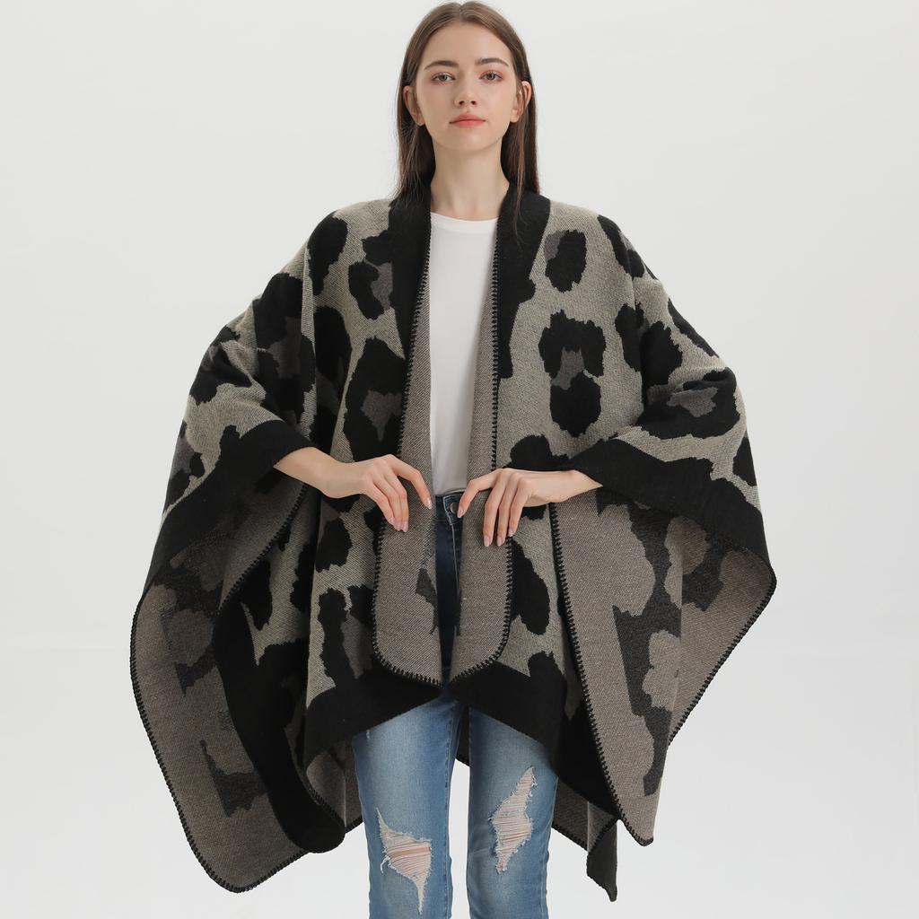 European and American Style Women's Scarf Fashion Leopard Shawl Autumn and Winter Pashmina Large Split Cape Thicken Warm Cloak