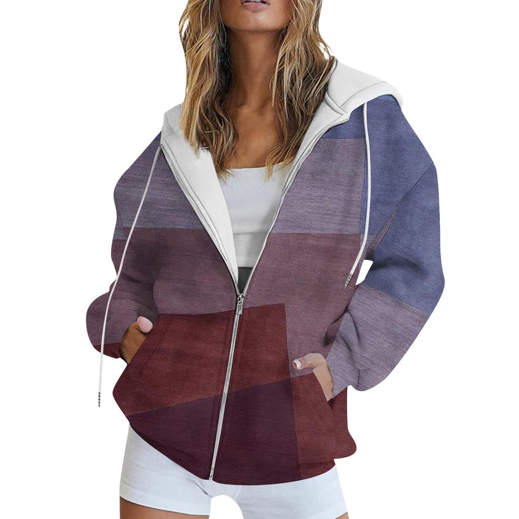 Women's Long Sleeve Print Sweatshirt Long Sleeve Pocket Jacket Zipper Hoodie Coat
