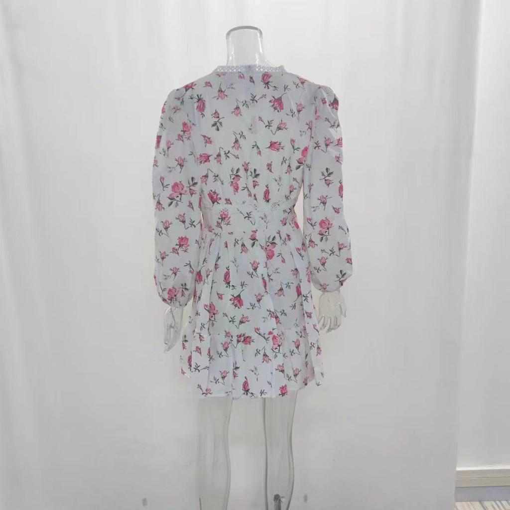 Весенне-летнее женское платье Темпераментное сладкое кружевное короткое платье с v-образным вырезом и принтом