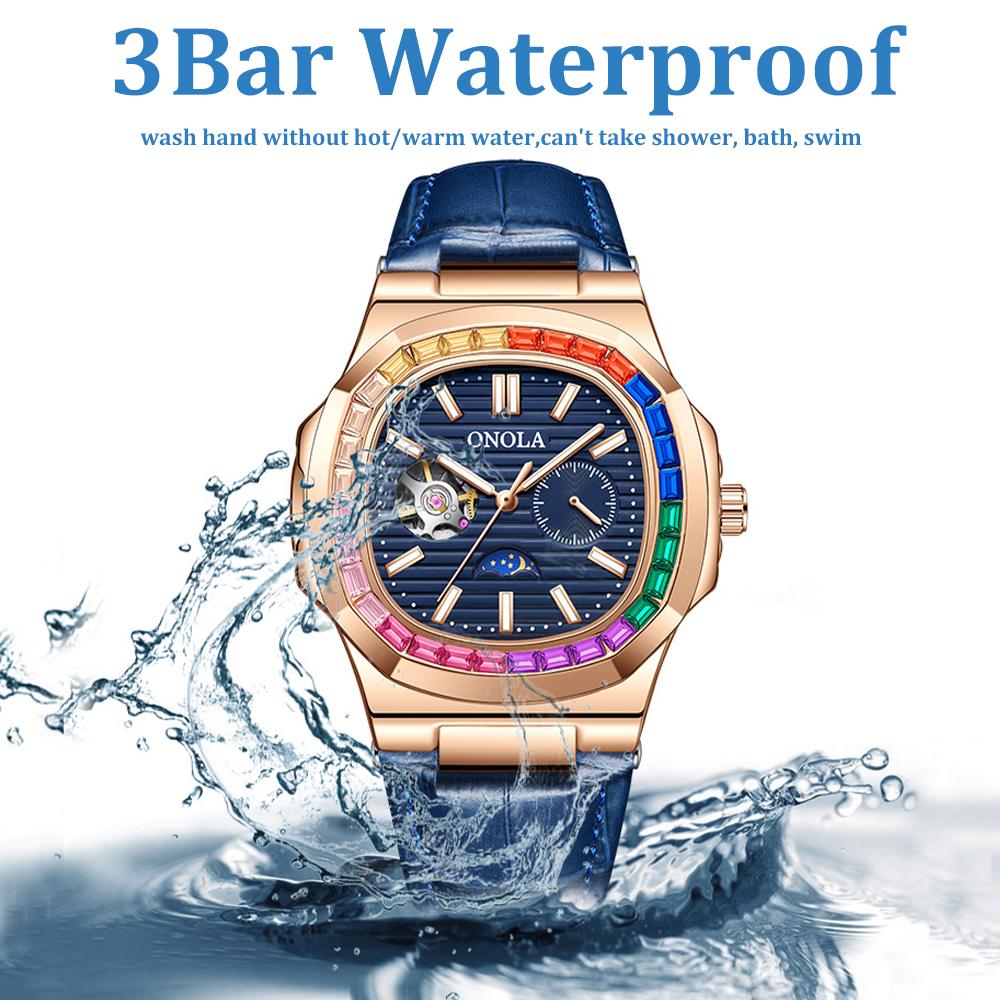 Fashion Colorful Diamond Hollow Wristwatch Automatic Mechanical Men's and Women's Watches Waterproof Leather Watch Men's Clock
