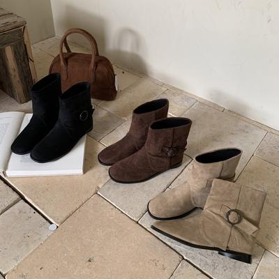 2025 осень новые замшевые ботильоны с круглым носком, тонкие, низкие, с ремешком и пряжкой, универсальные, на толстом каблуке, закрывающие ногу, в стиле вестерн, ковбойские, ботильоны