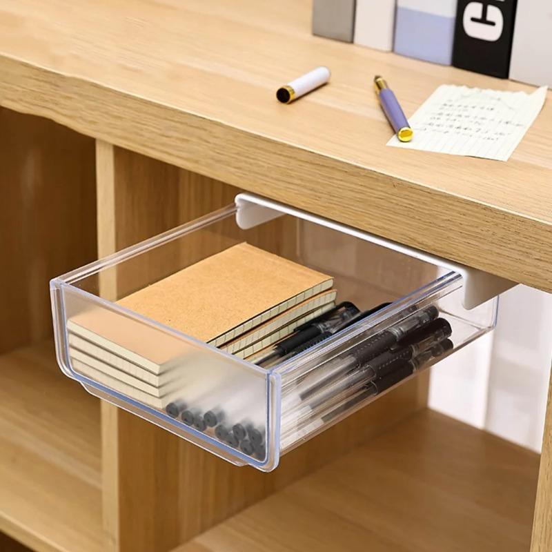 Transparent Under Desk Drawer White Gray Self Adhesive Organizer Large Storage Stick on Design Hidden Storage Box Office