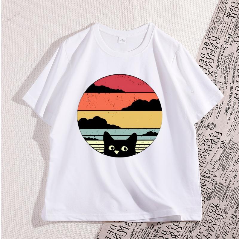 Black Cat Sunset T Shirt Vintage Graphic Unisex T Shirt Cool Streetwear Unisex Tshirts Casual High Quality Cotton Y2k Clothes