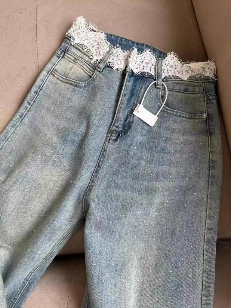 Женские джинсы с высокой талией и стразами - Широкие штанины, Свободный крой, Длина в пол, Летний стиль