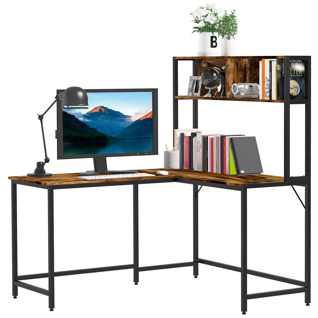 L Shaped Desk with Book Shelf, Industrial Corner Computer Desk, Writing Table with Steel Frame for Home Office, Bedroom, Study Room, 140 x 125cm