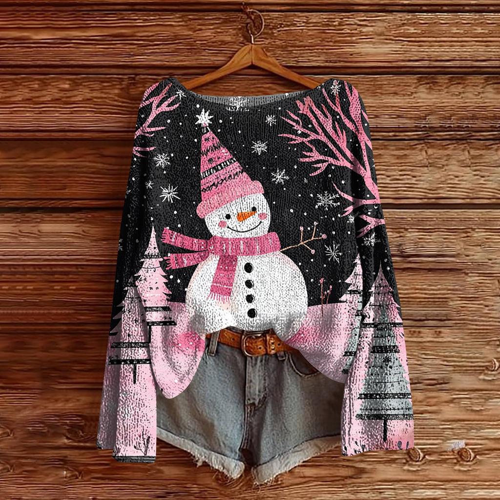 Women's Christmas Print Lightweight Sweater Casual Long Sleeve Knitted Pullover