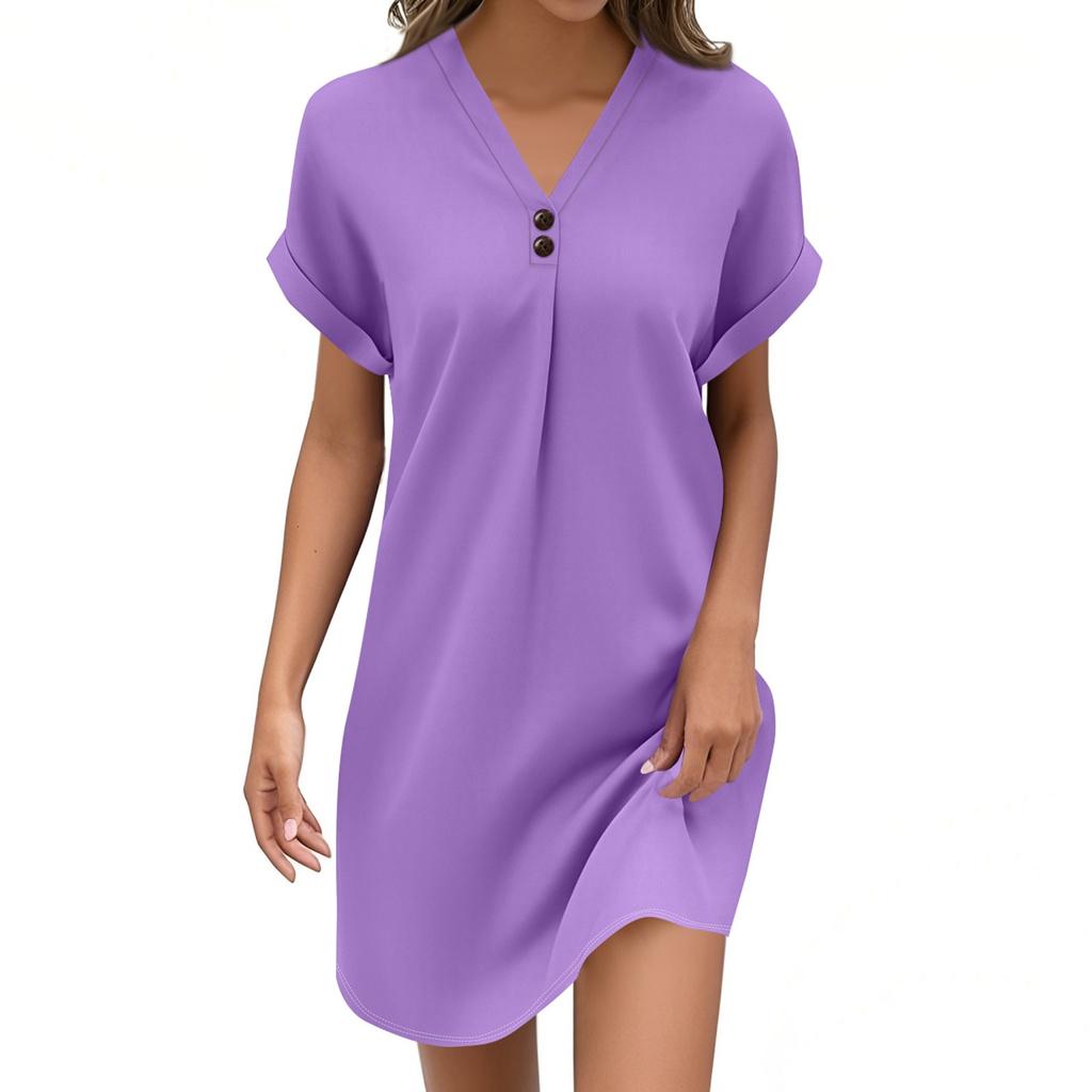 Women's Fashion V-neck Solid Color Pullover Casual Button Dress