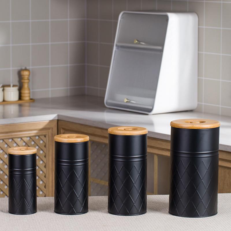 Set Bamboo cover storage bucket Food grade storage box Kitchen coffee tea bag Candy reticulated metal sealed jar