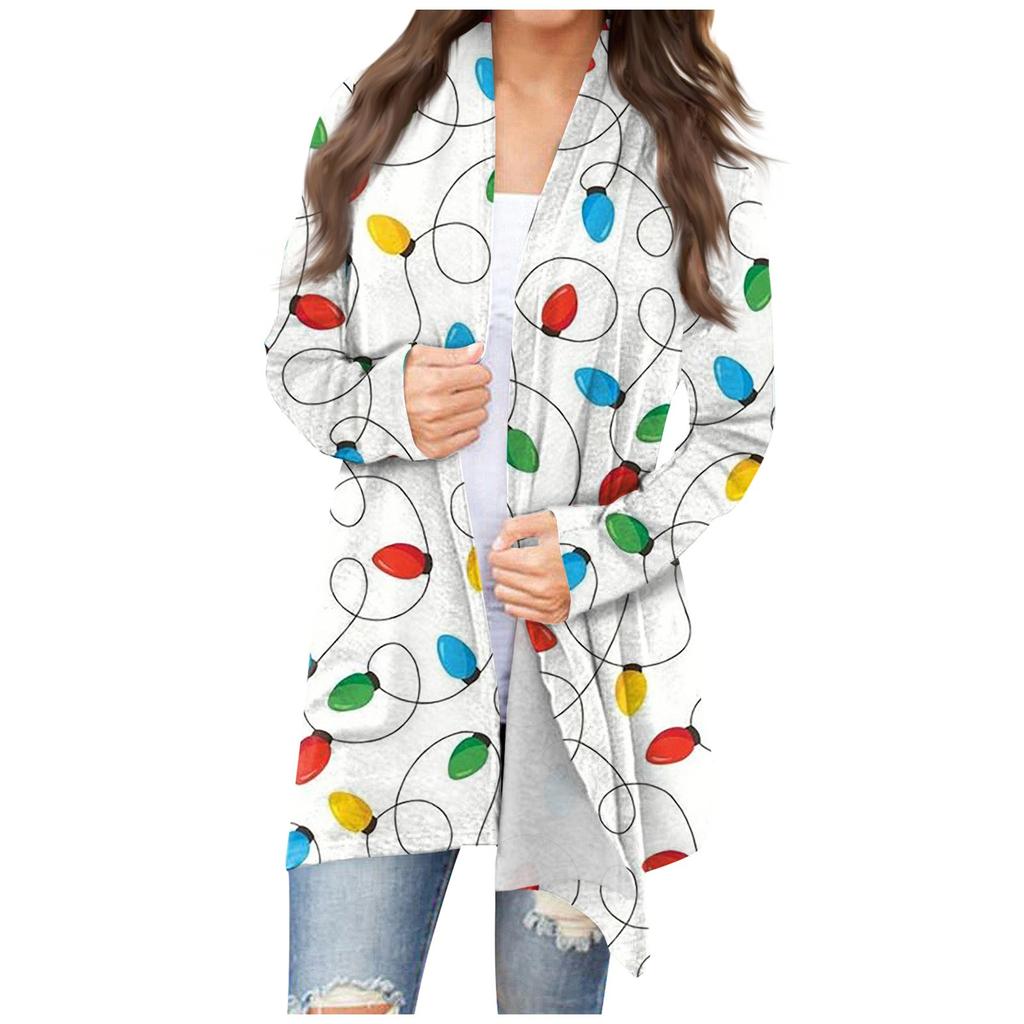 Women's Casual Floral Christmas Print Mid-length Cardigan Coat