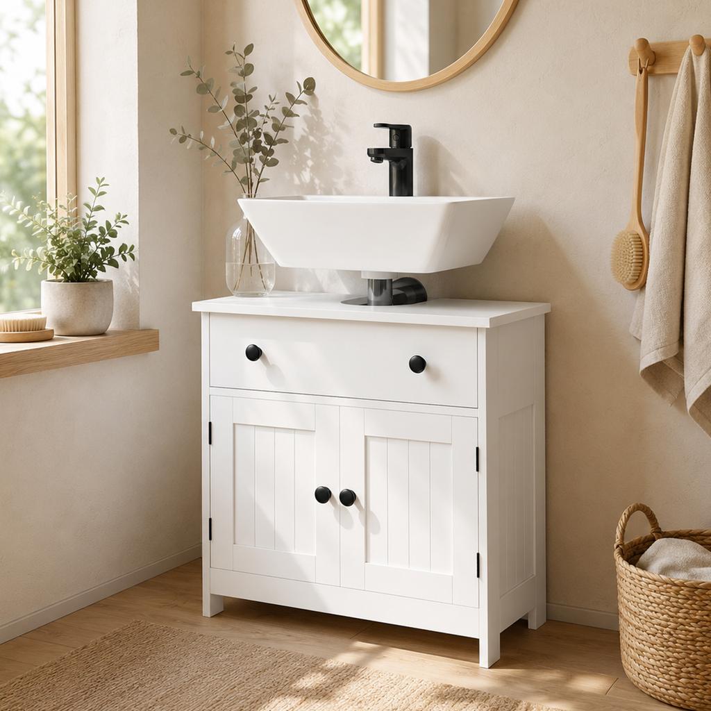 Under-Sink Cabinet, Modern and Freestanding, with Soft-Close Hinges, Drawer and 2 Doors, White