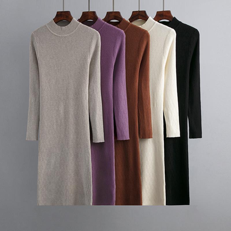 Women New Autumn Winter O Neck Slim Causal Long Sleeve Knit Solid Color All Match Sweater Dress