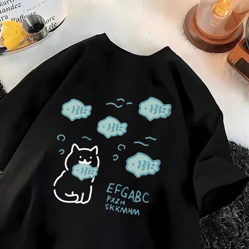 Summer Fashion Cute Little Fish Cat Cartoon Printing Universal Loose Casual Tshirt Simple Short Sleeve Women Tshirt Clothing