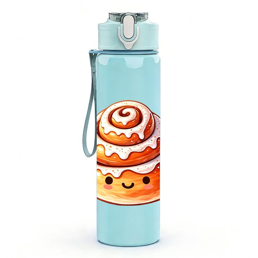 1PC Cinnamon Roll Cartoon Pattern 750ml Color Plastic Sports Water Bottle Leakproof Flip Straw Lid Suitable for Sports Office Home Use