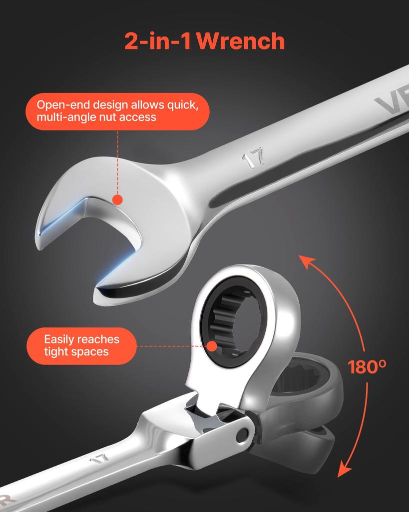 VEVOR Flex-Head Ratcheting Wrench Set, 24-Piece SAE and Metric, 72 Teeth, Cr-V Steel Ratchet Flexible Combination Wrench Set with Storage Case