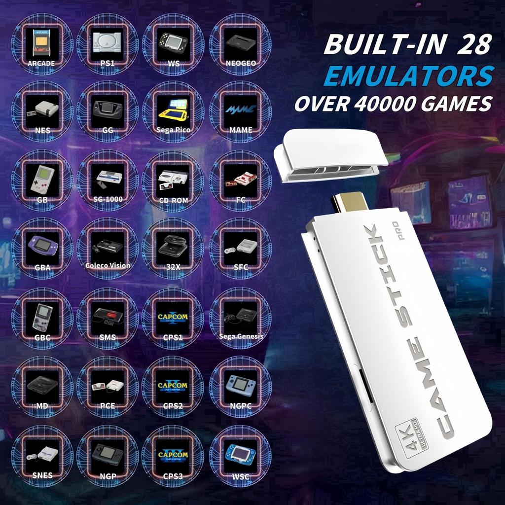 Беспроводная ретро-игровая консоль с 40 000 встроенных классических игр, выходом 4K HDMI для телевизора, беспроводным контроллером 2.4G, ностальгическим игровым джойстиком 64G