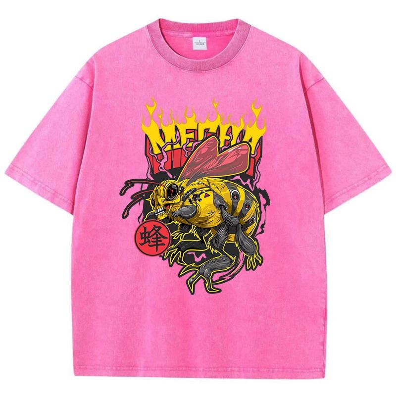 Casual Womans Acid Wash T-Shirts Retro Manga Bees Printing Tops Crewneck Distressed Oversize Cotton Tees Trend Clothes