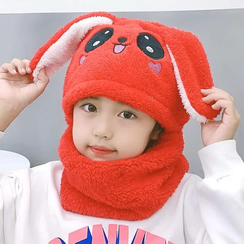 1-12Y Winter Cartoon Rabbit Coral Velvet Cap Plush Balaclava Kids Caps Double Fleece Baby Scarf Hat Baby Accessories