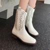 Модные женские вышитые ботильоны в стиле вестерн винтажные квадратные ботильоны на толстом каблуке модные ботильоны осень-зима новые женские ботинки до середины икры