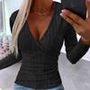 Women's Casual Fashion Button Knitted Pullover V-Neck Slim Fit Long Sleeve Top