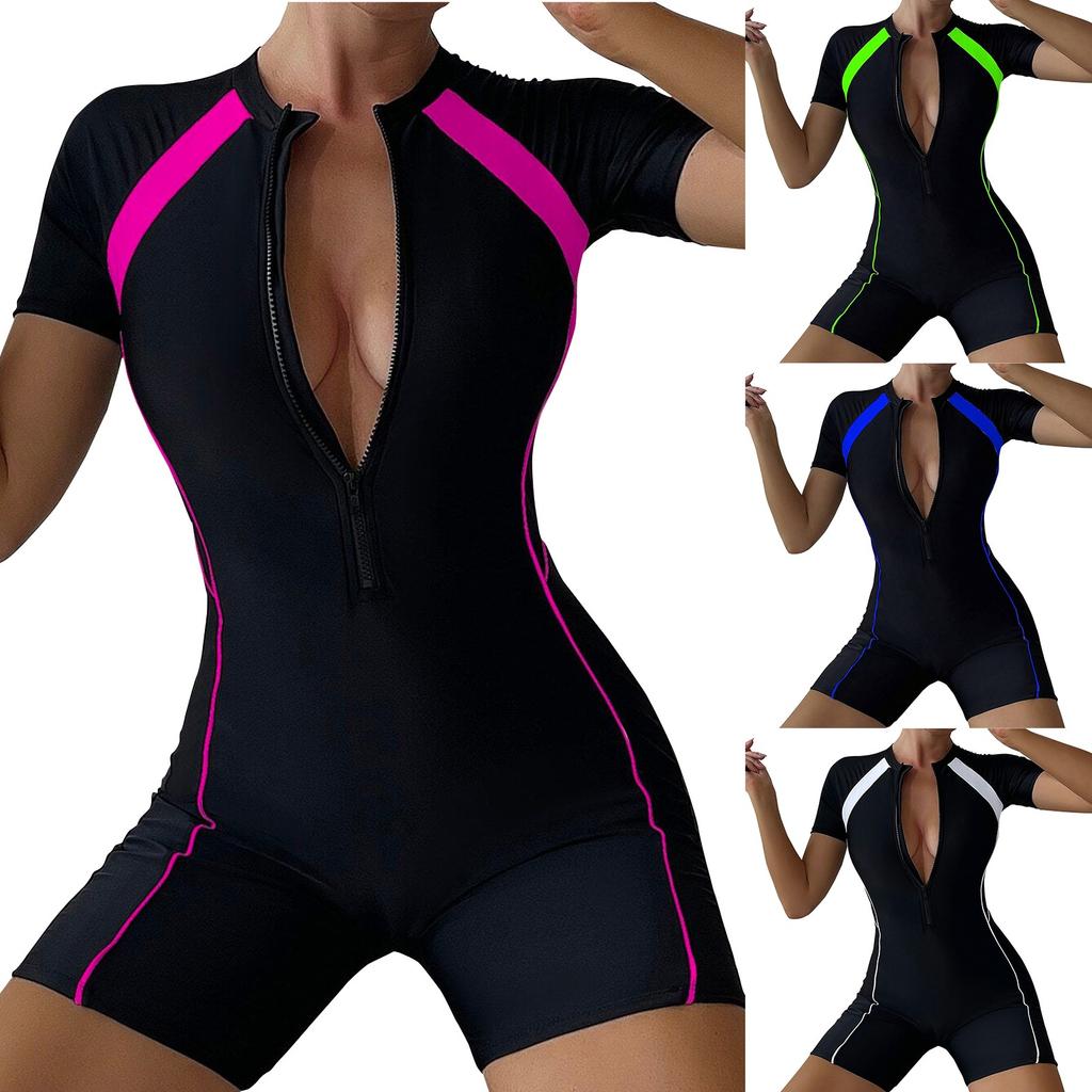 Women's One-piece Solid Color Patchwork Flat Angle Short Sleeved Zippered Swimsuit