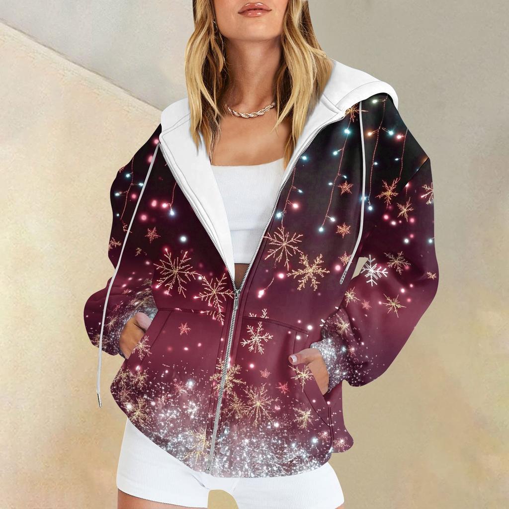 Женская мода повседневная рождественская принтовая толстовка зимняя с длинным рукавом кардиган куртка с карманом на молнии толстовка с капюшоном куртка