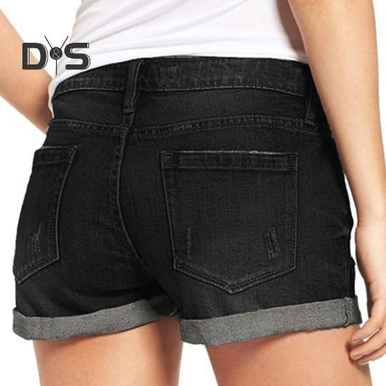 Джинсовые шорты для женщин, рваные джинсовые шорты со средней посадкой и карманами, летние повседневные эластичные джинсовые шорты с манжетами и подолом