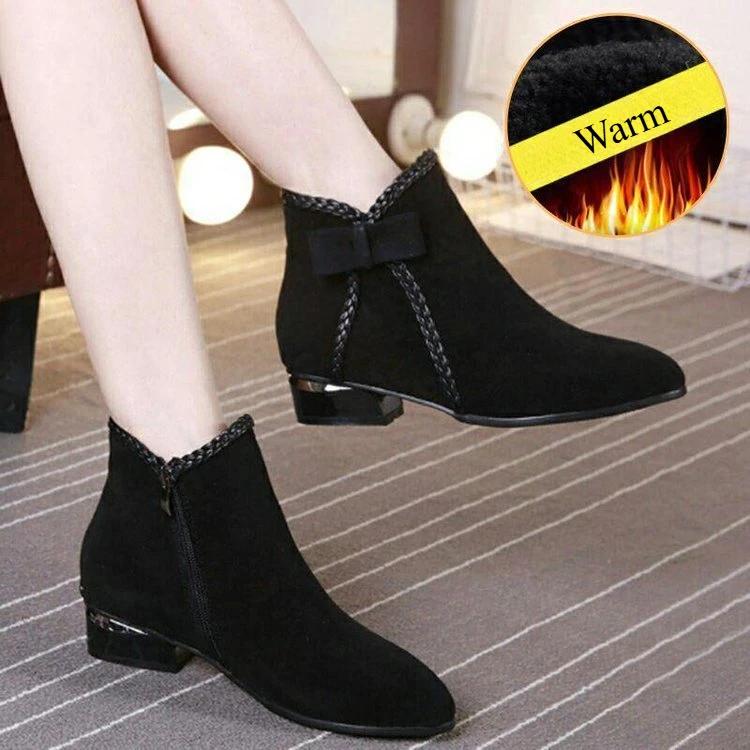 2024 Autumn Winter Women's PU Short Boots Ladies Fashion Bow Side Zipper Middle Warm Casual Elegant Suede Ankle Boots Plus Size