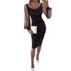 Women's Sexy V Neck Mesh Sleeves Gold Stamped Slim Fit Elegant Midi Dress