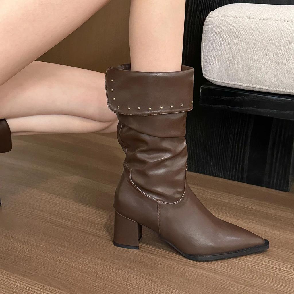 Autumn Winter Women Boots Point Toe High Heels Retro Ladies High-end Leather Chelsea Boots Platform Mid Calf Boots Female Botas