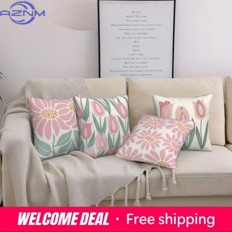 Чехол на подушку Fresh Pink Green Floral D Двусторонний полиэстер Чехол для подушки Декор с ромашками и тюльпанами Подарок для любителя цветов