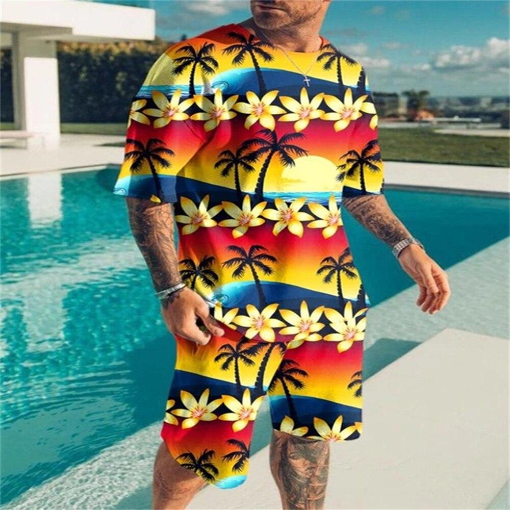 Fashion Hawaii Style Print T-Shirts Shorts Sets Men's Sportswear Oversized Short Sleeve T Shirt Pants Set Man Suits Clothing