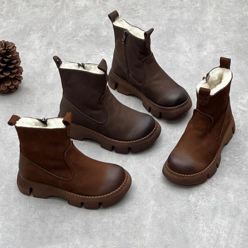 Johnature Винтажные ботинки ручной работы из натуральной кожи из шерсти, женские короткие сапоги с круглым носком на утолщенной теплой толстой подошве