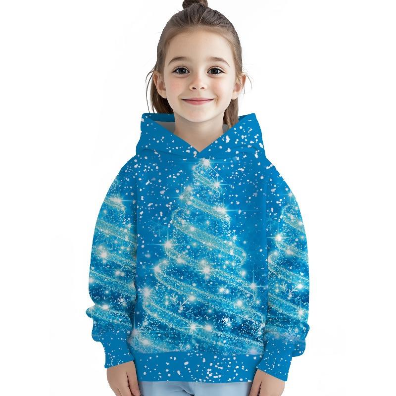 Autumn and Winter Children's Christmas Tree 3D Printed Hooded Comfortable and Versatile Breathable Hoodies & Sweatshirts (Girls)