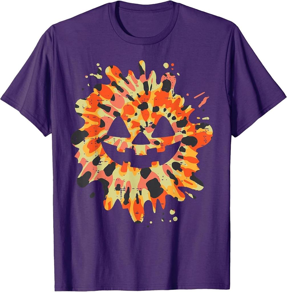 Orange Tie Dye Pumpkin Face Halloween T-Shirt - Fun Hippie Style