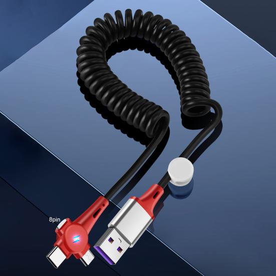 USB-кабель для зарядки 3-в-1, сверхбыстрая зарядка 100 Вт, выдвижной Т-образный со светодиодной подсветкой, кабель для передачи данных Type-C/Micro USB/8-контактный пружинный
