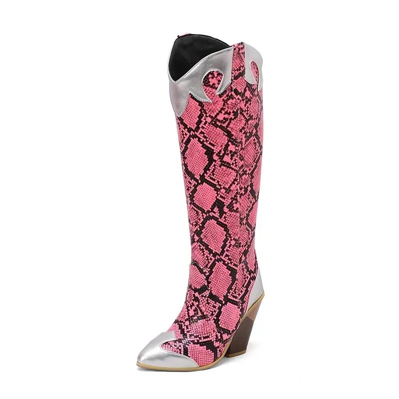 Зимние западные ботфорты до колена женские клиновидные каблуки коричневые фиолетовые черные пэчворк ретро платье острый носок молния ковбойские длинные сапоги