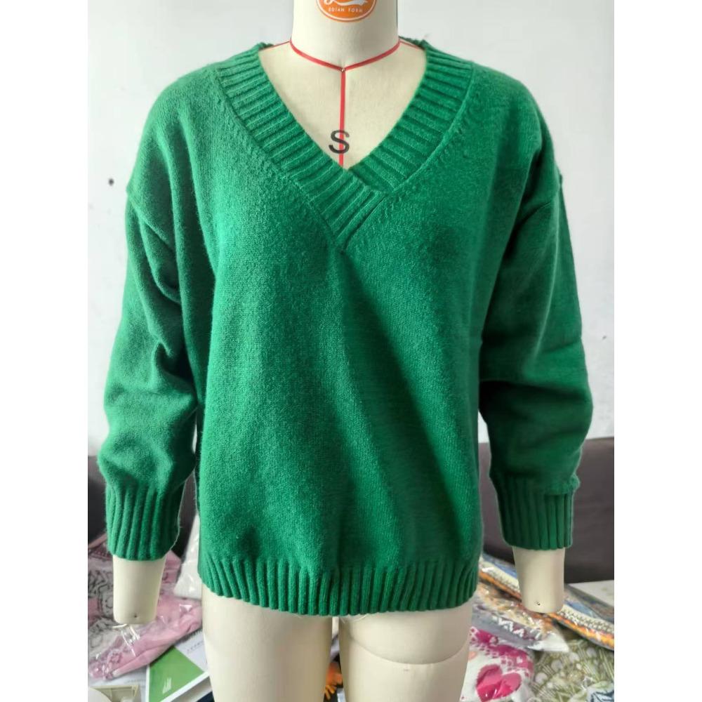 Women's Fashion Casual Solid Color Print Autumn Winter Long Sleeve V-Neck Loose Sweaters