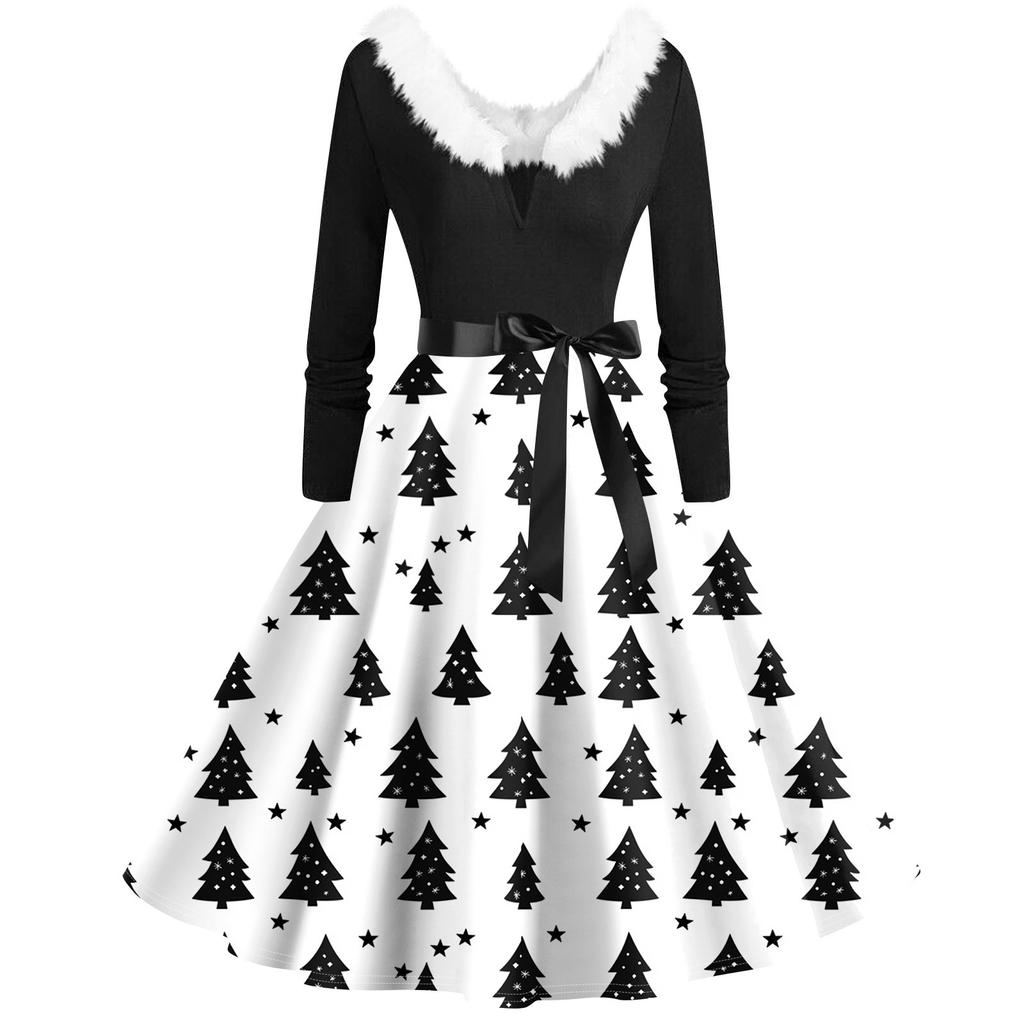 Women's Casual And Fashionable Long Sleeved V-neck Christmas Print Matching Zipper Dress