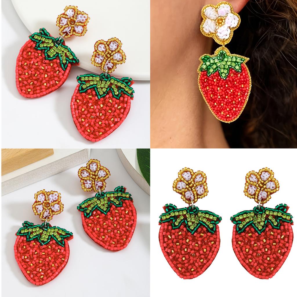 Милые серьги с фруктовыми бусинами и стразами, изысканные серьги-капли с бусинами в виде клубники и цветка, уникальные серьги для вечеринки