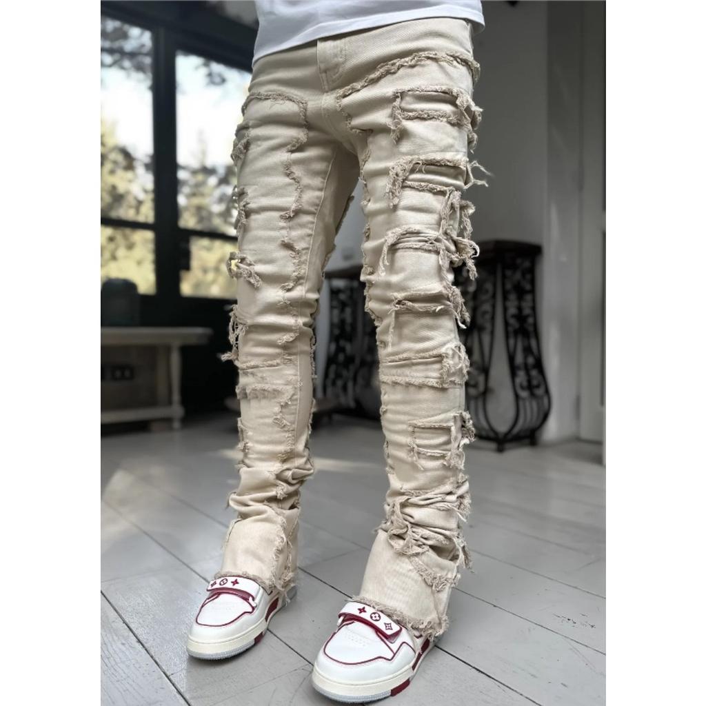 GLYDE Casual Distressed Men's Jeans Tassels Patchwork Design Vintage Washed Stretch Denim Pants Straight Fashion Streetwear Trousers