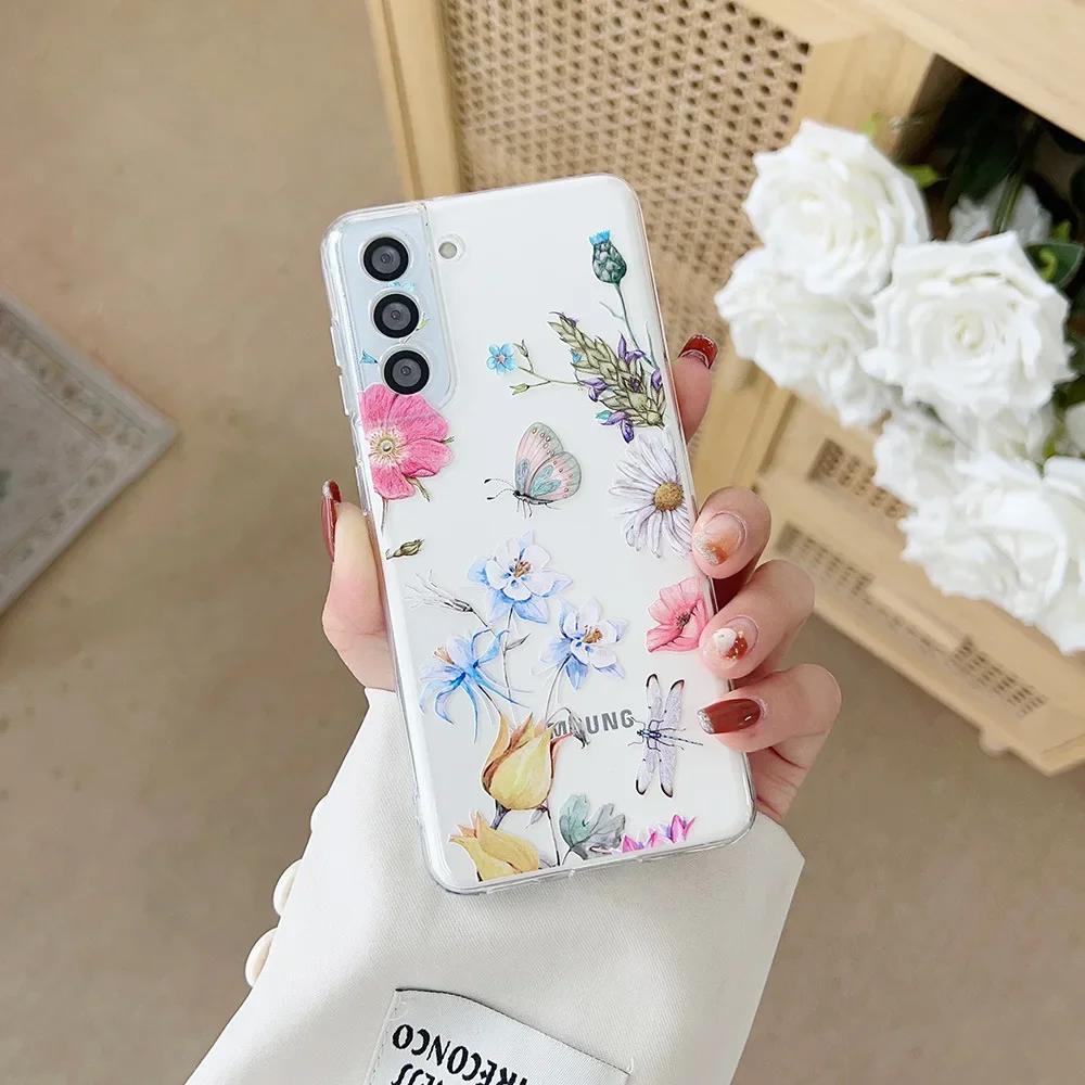 Милый Чехол для Телефона с Рисунком Цветов для Samsung S25 S24 S22 S21 FE Ультра Прозрачные Силиконовые Чехлы для Samsung Galaxy S23 Plus Ultra