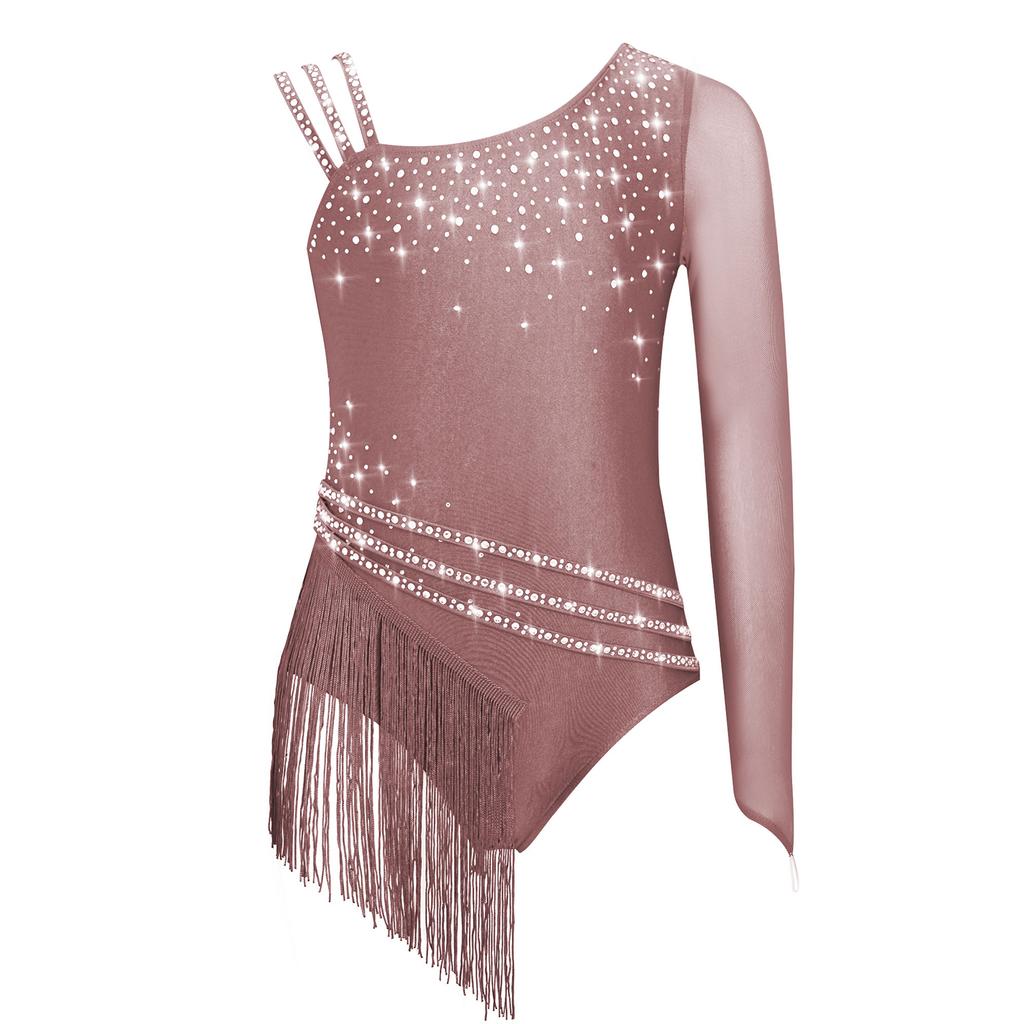 Girls Sparkling Rhinestones Fringe Leotard Irregular Tassel Bodysuit Figure Skating Dance Performance