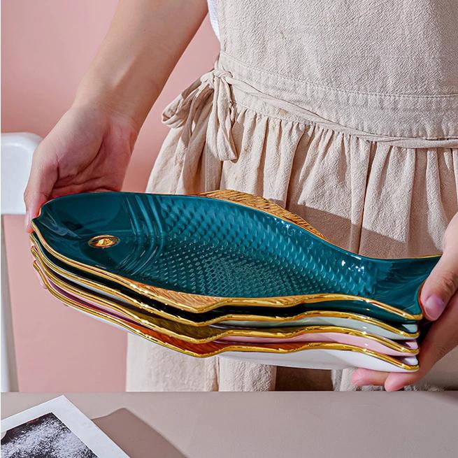 Керамическая тарелка для рыбы Пномпень Зеленый Креативная фарфоровая тарелка в форме рыбы Бытовая тарелка для салата, десерта Длинное блюдо Кухонная посуда