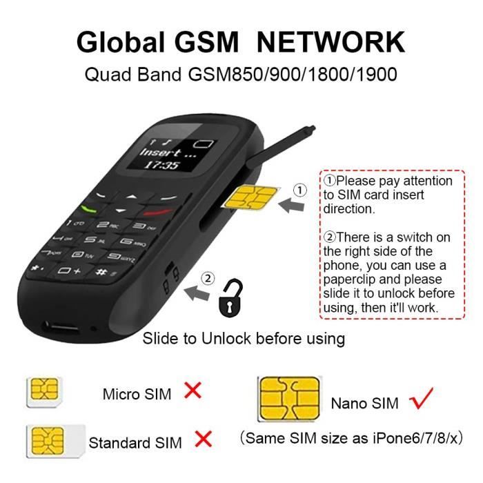 L8star Mini téléphone portable mobile BM70 GSM Bluetooth Dialer Headset Ecouteur Support Carte SIM 0,66 pouces (Noir)