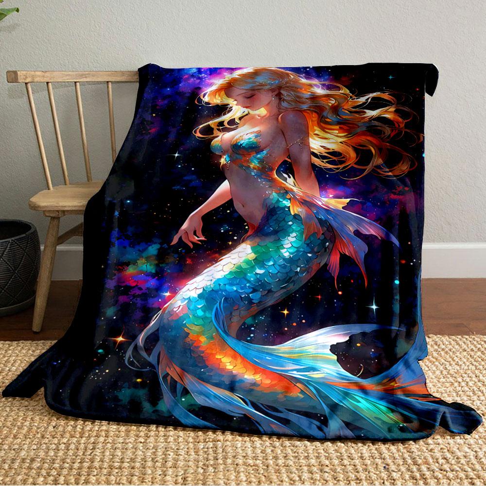 Colorful Mermaid in Galaxy Scene for all seasons blanket lunch break throw gift