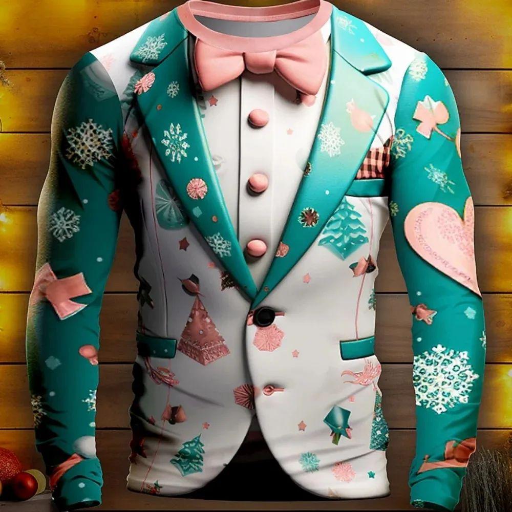 Man Business Christmas Party Series Fake Suit Fashion Interesting 3d Printed Long Sleeve Crew Neck Trend Plus Size Clothing